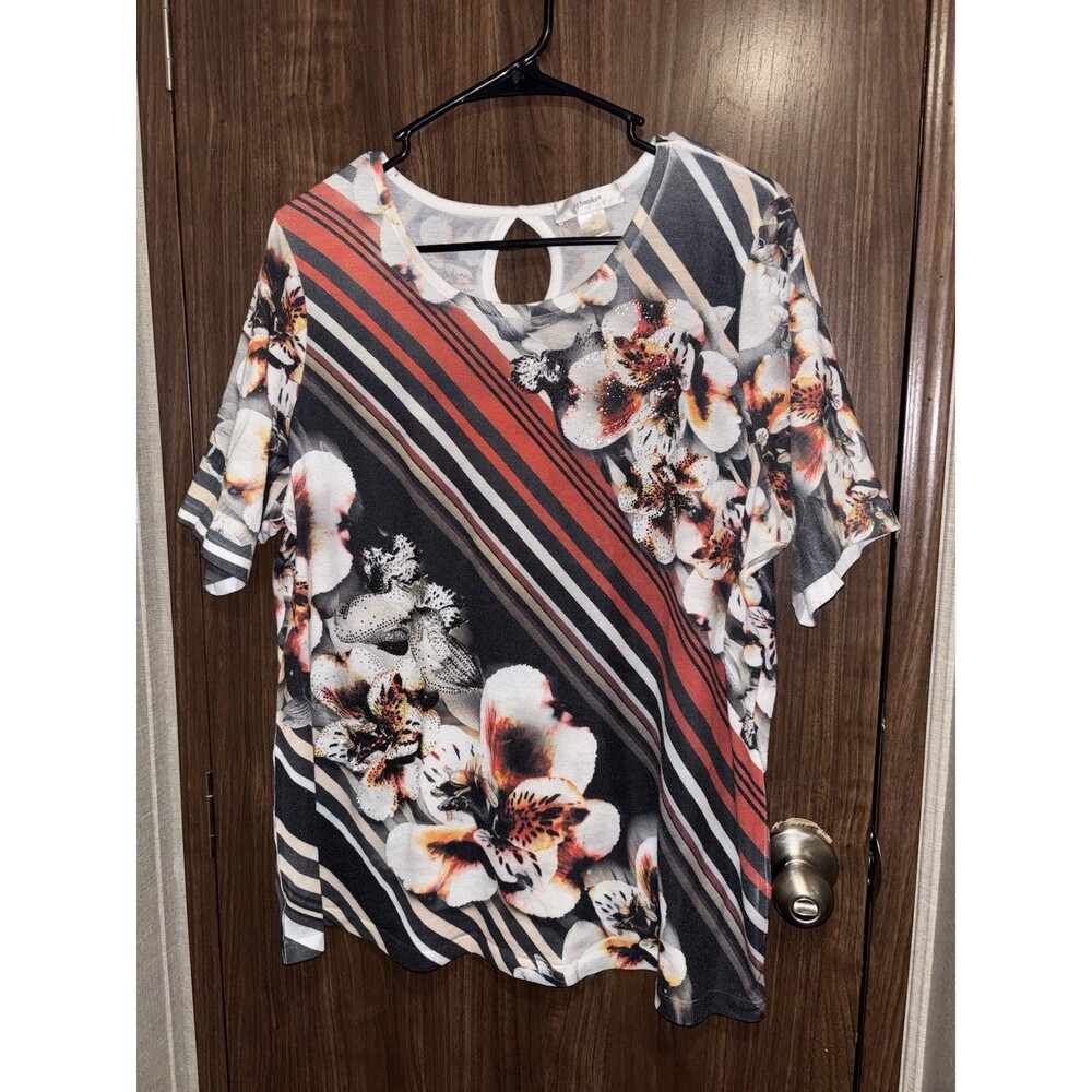 Christopher & Banks Black Red Floral Striped Short Sleeve Top 1X